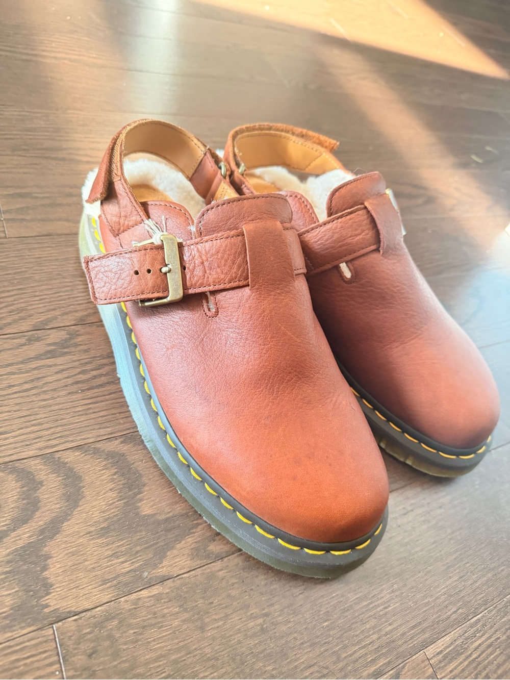 Dr. Martens Tan Leather Shearling-Lined Slip-On Clogs with Buckle